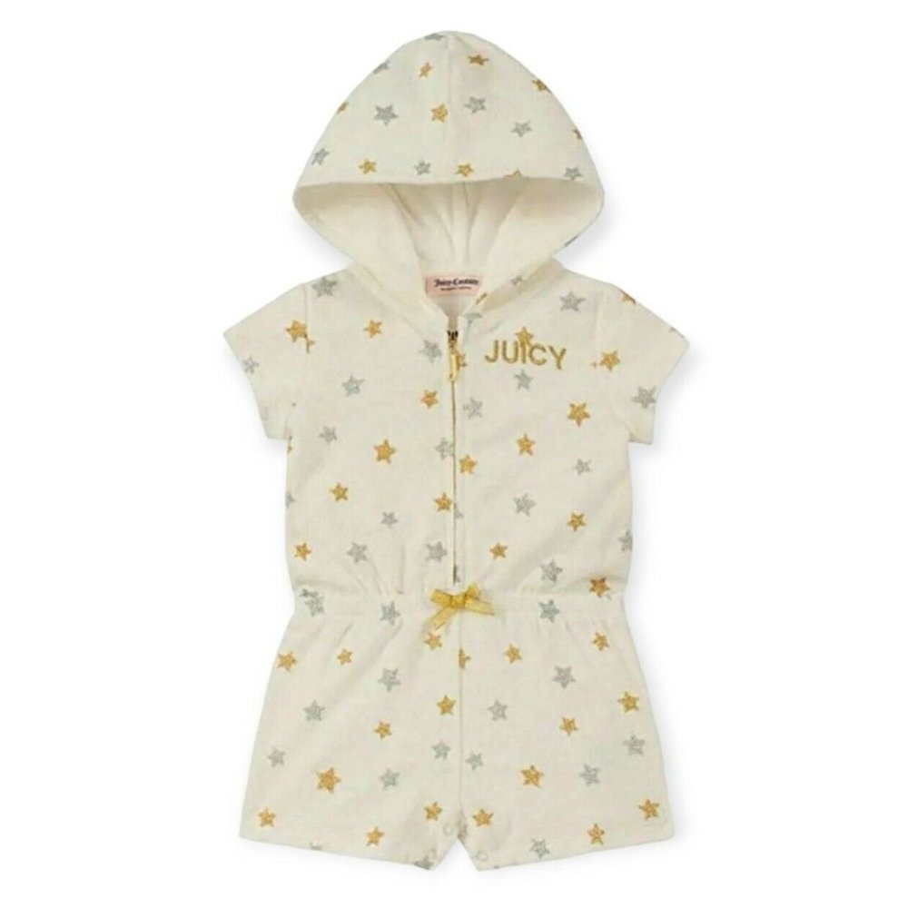 Juicy Couture Girls Hooded Romper Size 6 White with gold and silver stars.